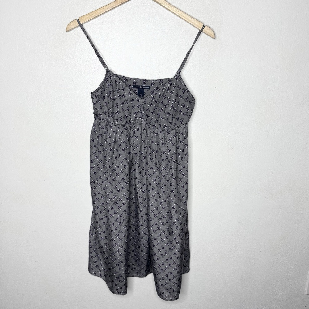 Y2K‎ Gap 100% Silk Babydoll Dress Gray Purple Floral Women's 6 Feminine Ruffle